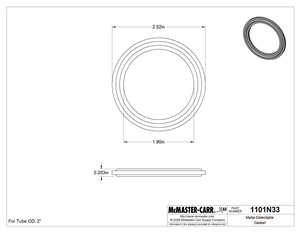 Technical Drawing of Metal-Detectable Gasket, for Quick-Clamp Fittings, PTFE, for 2" Tube OD.